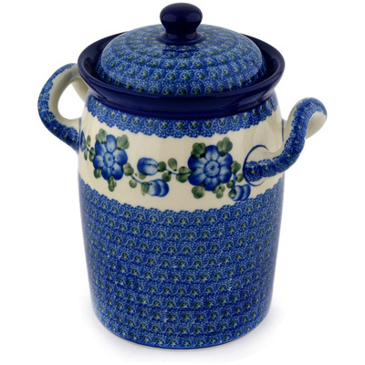 Polish Pottery Jar with Lid and Handles 9&quot; Blue Poppies