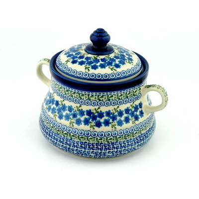 Polish Pottery Jar with Lid and Handles 9&quot; Blue Poppy Wreath