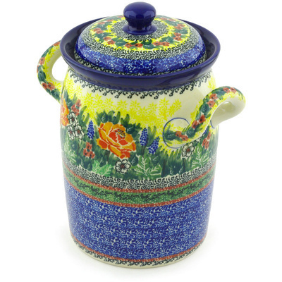 Polish Pottery Jar with Lid and Handles 9&quot; Copper Rose Meadow UNIKAT