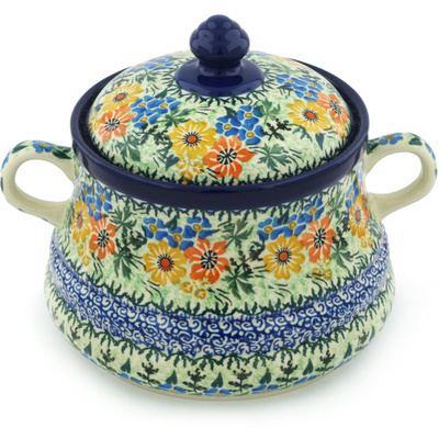 Polish Pottery Jar with Lid and Handles 9&quot; Flower Melody UNIKAT