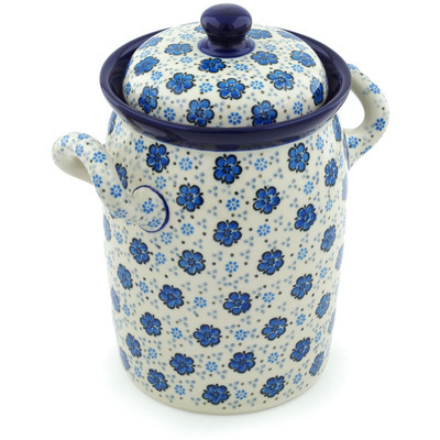 Polish Pottery Jar with Lid and Handles 9&quot; Flowing Blues