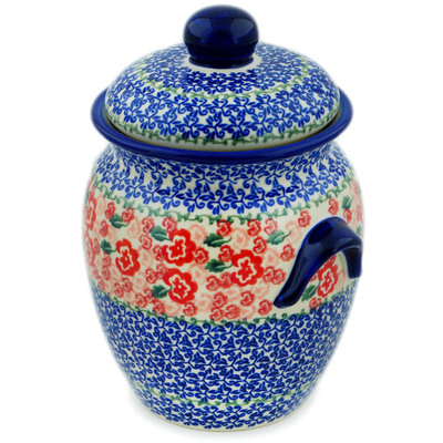 Polish Pottery Jar with Lid and Handles 9&quot; Fluctuating Pansy&#039;s