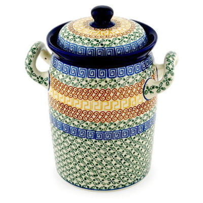 Polish Pottery Jar with Lid and Handles 9&quot; Grecian Sea