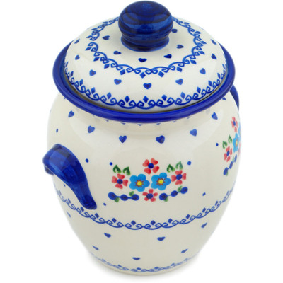 Polish Pottery Jar with Lid and Handles 9&quot; Hearts And Flowers