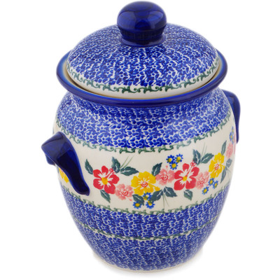 Polish Pottery Jar with Lid and Handles 9&quot; Hibiscus Haven