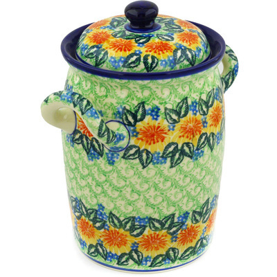 Polish Pottery Jar with Lid and Handles 9&quot; Marigold Chain UNIKAT