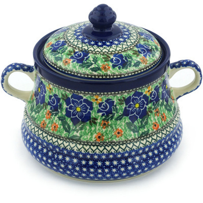 Polish Pottery Jar with Lid and Handles 9&quot; Midnight Blooms UNIKAT