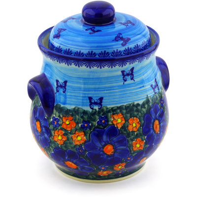 Polish Pottery Jar with Lid and Handles 9&quot; Midnight Garden