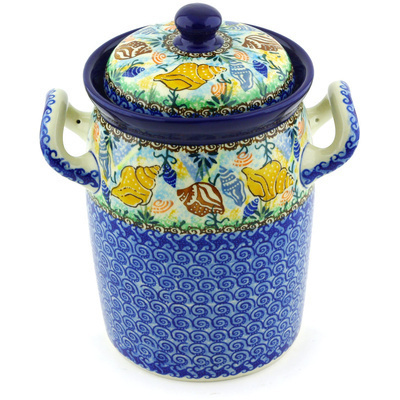 Polish Pottery Jar with Lid and Handles 9&quot; Ocean Whisper UNIKAT