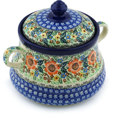 Polish Pottery Jar with Lid and Handles 9&quot; Orange Wreath UNIKAT