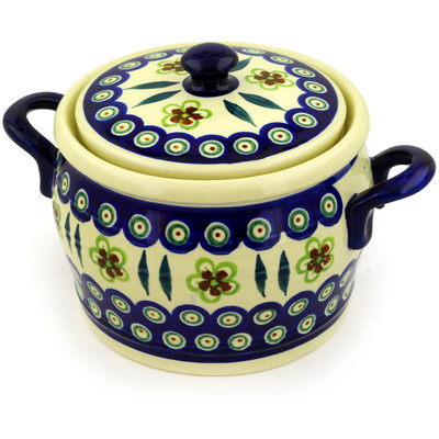 Polish Pottery Jar with Lid and Handles 9&quot; Peacock Garden