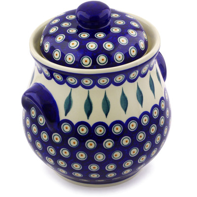 Polish Pottery Jar with Lid and Handles 9&quot; Peacock