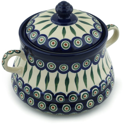 Polish Pottery Jar with Lid and Handles 9&quot; Peacock Leaves