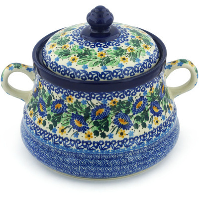 Polish Pottery Jar with Lid and Handles 9&quot; Peeking Flowers UNIKAT