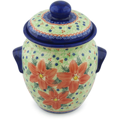 Polish Pottery Jar with Lid and Handles 9&quot; Poinsettia UNIKAT