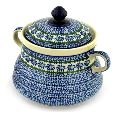 Polish Pottery Jar with Lid and Handles 9&quot; Polka Dot Daisy