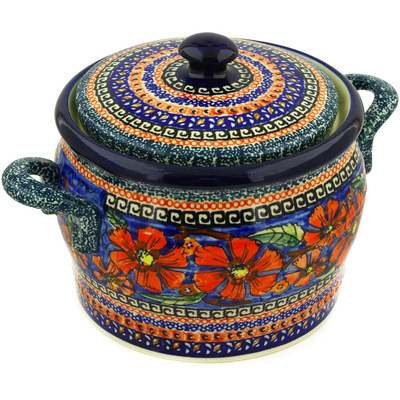 Polish Pottery Jar with Lid and Handles 9&quot; Poppies UNIKAT