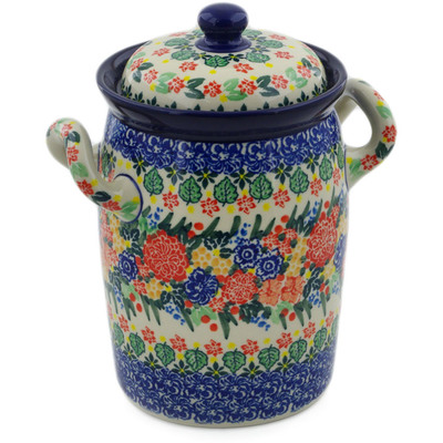 Polish Pottery Jar with Lid and Handles 9&quot; Red Bouquet UNIKAT