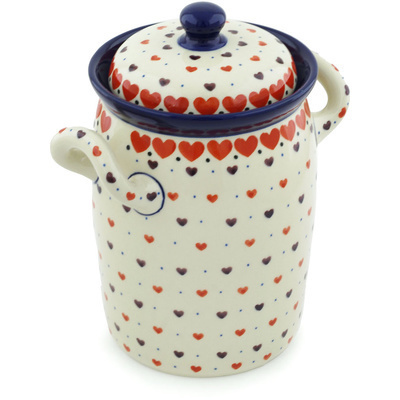 Polish Pottery Jar with Lid and Handles 9&quot; Red Hearts Delight