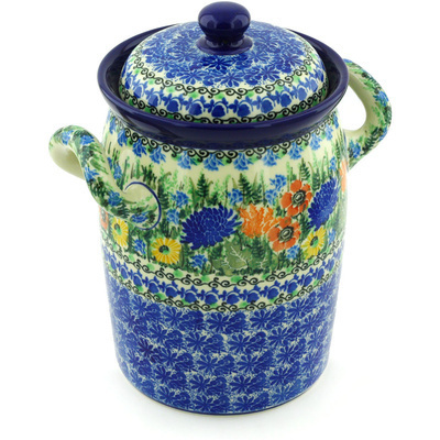 Polish Pottery Jar with Lid and Handles 9&quot; Splendid Blue Meadow UNIKAT
