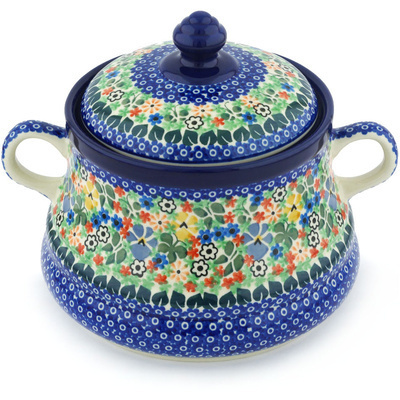 Polish Pottery Jar with Lid and Handles 9&quot; Spring Garden UNIKAT