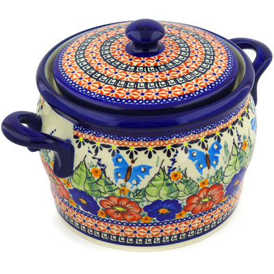 Polish Pottery Jar with Lid and Handles 9&quot; Spring Splendor UNIKAT
