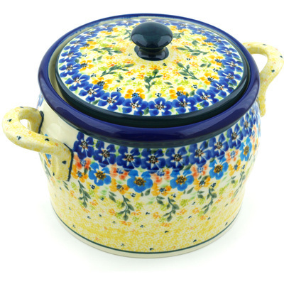 Polish Pottery Jar with Lid and Handles 9&quot; Spring UNIKAT