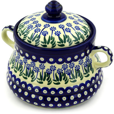 Polish Pottery Jar with Lid and Handles 9&quot; Springing Calendulas