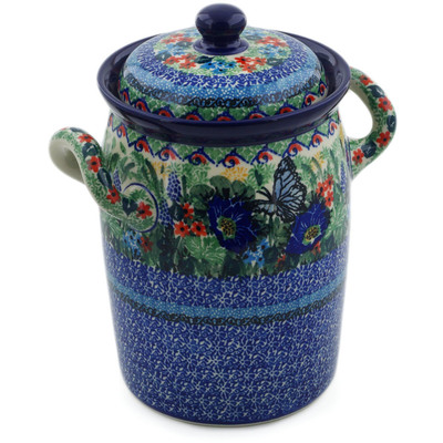Polish Pottery Jar with Lid and Handles 9&quot; Summer Landscape UNIKAT