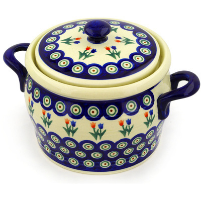 Polish Pottery Jar with Lid and Handles 9&quot; Tulip Pair Peacock