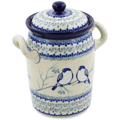Polish Pottery Jar with Lid and Handles 9&quot; Waiting Birds UNIKAT