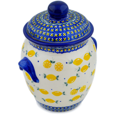 Polish Pottery Jar with Lid and Handles 9&quot; When Life Gives You Lemons
