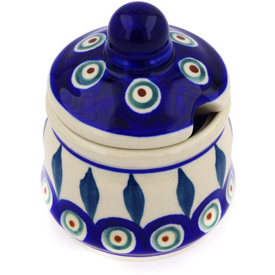 Polish Pottery Jar with Lid with Opening 3&quot; Peacock Leaves