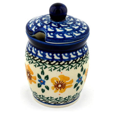 Polish Pottery Jar with Lid with Opening 4&quot; Sea Fall Yellow Flowers
