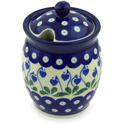 Polish Pottery Jar with Lid with Opening 5&quot; Bleeding Heart Peacock