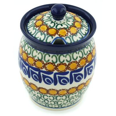 Polish Pottery Jar with Lid with Opening 5&quot; Blue Leaves