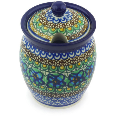 Polish Pottery Jar with Lid with Opening 5&quot; Mardi Gra UNIKAT
