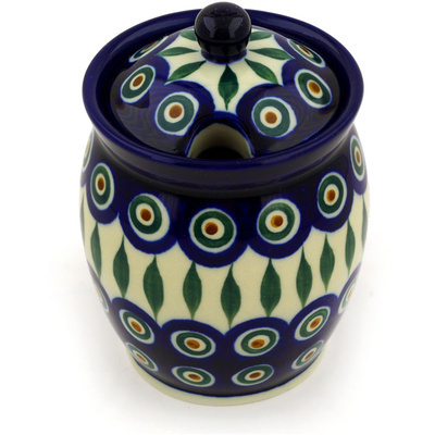 Polish Pottery Jar with Lid with Opening 5&quot; Peacock Leaves
