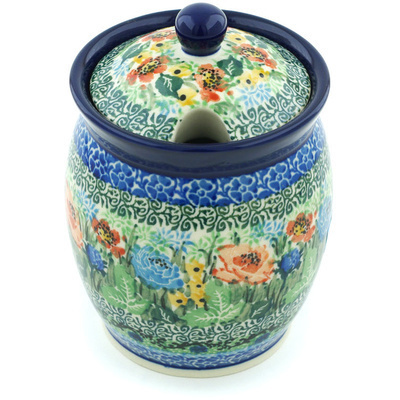 Polish Pottery Jar with Lid with Opening 5&quot; Roses In Blue UNIKAT