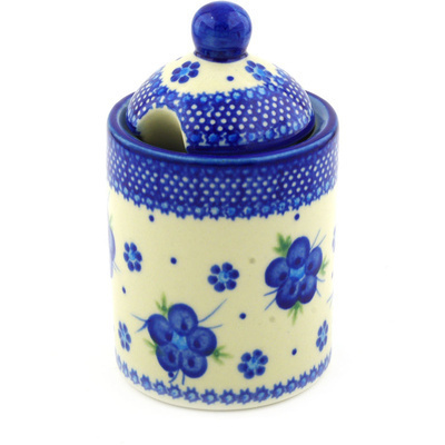 Polish Pottery Jar with Lid with Opening 6&quot; Bleu-belle Fleur