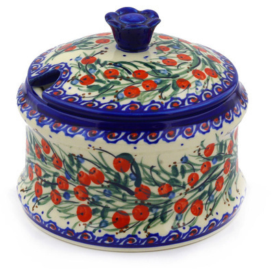 Polish Pottery Jar with Lid with Opening 6&quot; Patriotic Blooms UNIKAT