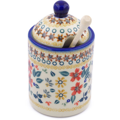 Polish Pottery Jar with Lid with Opening 6&quot; Red Anemone Meadow UNIKAT