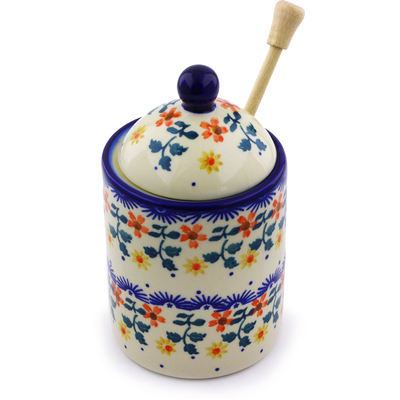 Polish Pottery Jar with Lid with Opening 6&quot; Red Sunflower