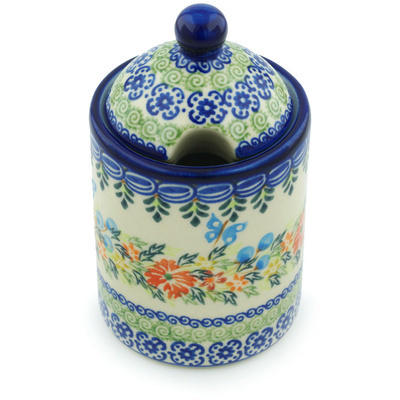 Polish Pottery Jar with Lid with Opening 6&quot; Ring Of Flowers UNIKAT