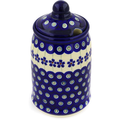 Polish Pottery Jar with Lid with Opening 7&quot; Flowering Peacock