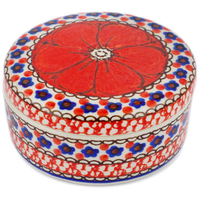 Polish Pottery Jewelry Box 4&quot; Crimson Poppies UNIKAT