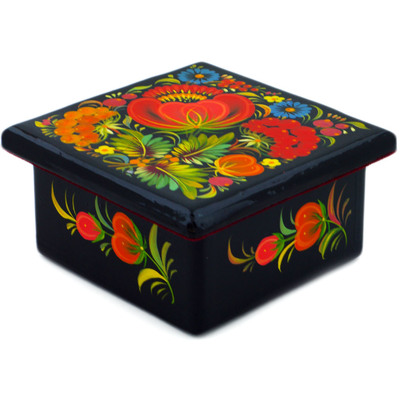 Wood Jewelry Box 4&quot; Red Flowers