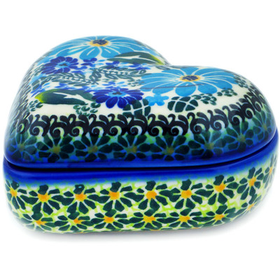 Polish Pottery Jewelry Box 5&quot; Soft Blue Petals UNIKAT