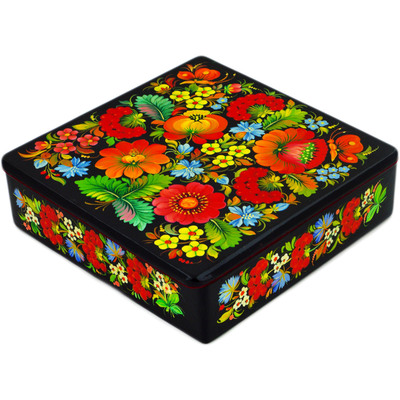 Wood Jewelry Box 8&quot; Red Flowers Bouquet