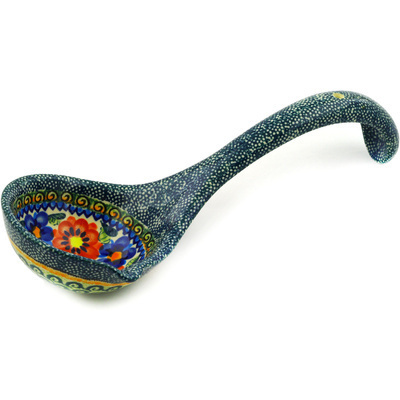 Polish Pottery Ladle 10&quot; Blue And Red Poppies UNIKAT